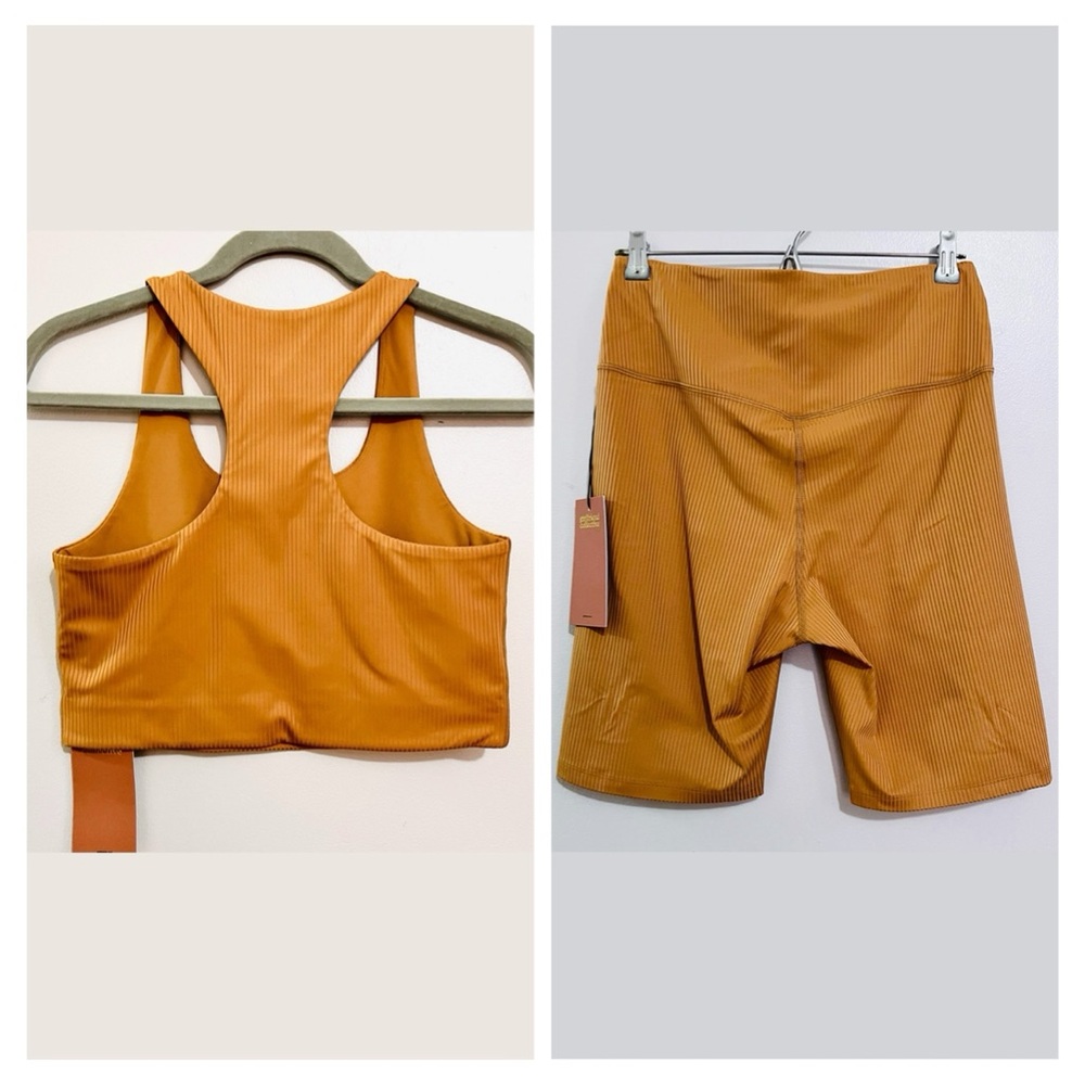 NWT Girlfriend Collective Rib Paloma Bra & Rib Bike Shorts Set in Toffee Brown - Picture 3 of 16